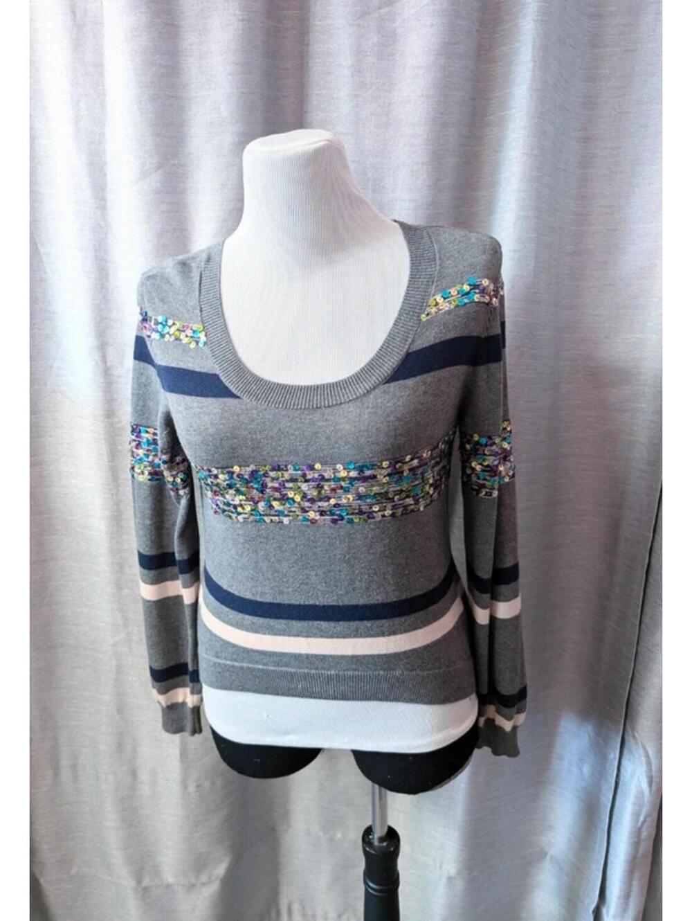 Gray Navy Striped Sequin Sweater M